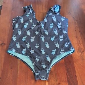 Classic Prep Navy One-Piece Swimsuit with Light Blue Suit Motif
